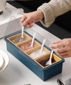 Home Kitchen 4 Grid Bamboo Seasoning Spice Box Kit with Spoon - Kitchen Masala Storage Box Container Seasoning Organizers Jars