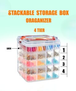 4 layer Stackable Plastic Storage Box Organizer with Removable Compartments, Adjustable Dividers, for Beading, Jewelry Making, Craft Supplies, Art Supplies, Seeds, Hair Accessories, Nail Art - Casual Style, Christmas Detail, Rectangle Shape - Pink & Clear