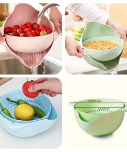 Rotatable Double Layer Plastic Drain basket Set for Fruits and Vegetables - Kitchen Strainer Basket with Drainage Holes, Easy to Clean and Store