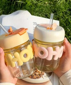 Cute Straw Cup with a Stylish Insulated Glass Design, Perfect for Home Or Office Use, Adding a Touch of Sweetness to Your Life.