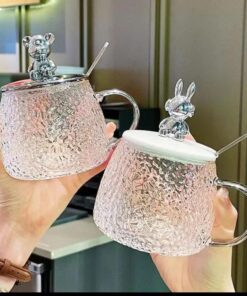 Cute Bear Glass Mug with Lid Spoon Heat-resistant Glass Cup Transparent Latte Coffee Bubble Tea Cup Juice Milk Mocha