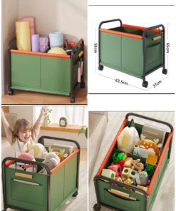 [Home Relaxation] Large Capacity 4-Wheel Rolling Storage Cart with Wheels - Green Fabric Bins for Toys, Books, and More - Durable Metal Frame, Multi-Purpose Organizer for Bedroom, Living Room