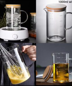 Glass measuring jug with wood lid