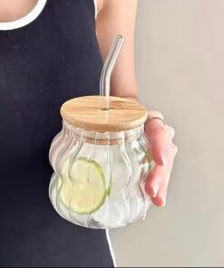 Straw glass with wooden lid 350ml