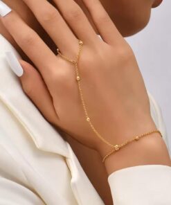 Creative Tiny Chain Bracelet Finger Rings For Women Gold Color Link Chains Connecting Hand Harness Bracelets Jewelry