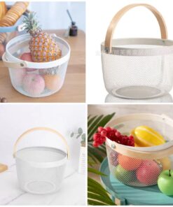 Round Shaped Vegetable / Fruit Mesh Basket With Wooden Handle