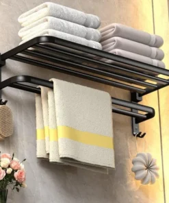 Bathroom Foldable Black Towel Rack with Hooks