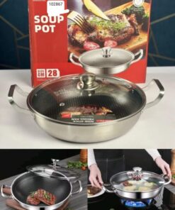 Durable Stainless Steel Wok Pan Non-stick Food Grade Honeycomb Pot with Lid .. 28cm