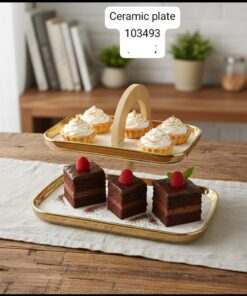 Ceramic serving 2layer dish with wood