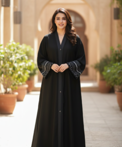 Midnight Grace – Premium Black Abaya with Hand-Finished White Embroidery
