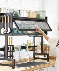 Large Capacity Carbon Steel Kitchen Accessories Storage Rack Dish & Bowl Dishwashing Sink Draining Rack for Flip Cover Tableware Size: 65cm