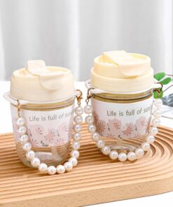 Cute Glass Water Cup Pearl Bracelet Straw Cup Portable Water Cup Coffee