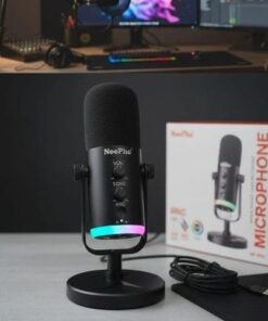 NeePho NP-M03 Podcast Microphone    A condenser microphone with ANC noise reduction, echo control, and RGB lighting