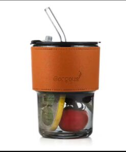 Glass Mug Leather Strap with White Glass Straw 400ml-2 Pcs