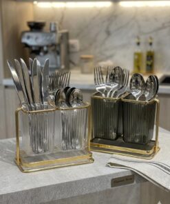 Cutlery holder acrylic with steel golden stand